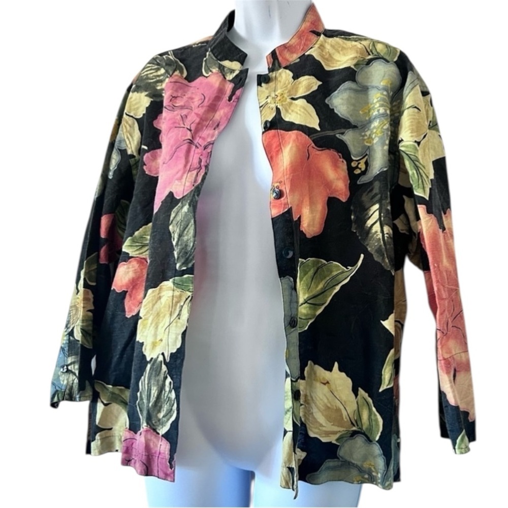 Chicos Vintage Linen Floral Button Down Shirt Jacket Shaket Size 2 / M